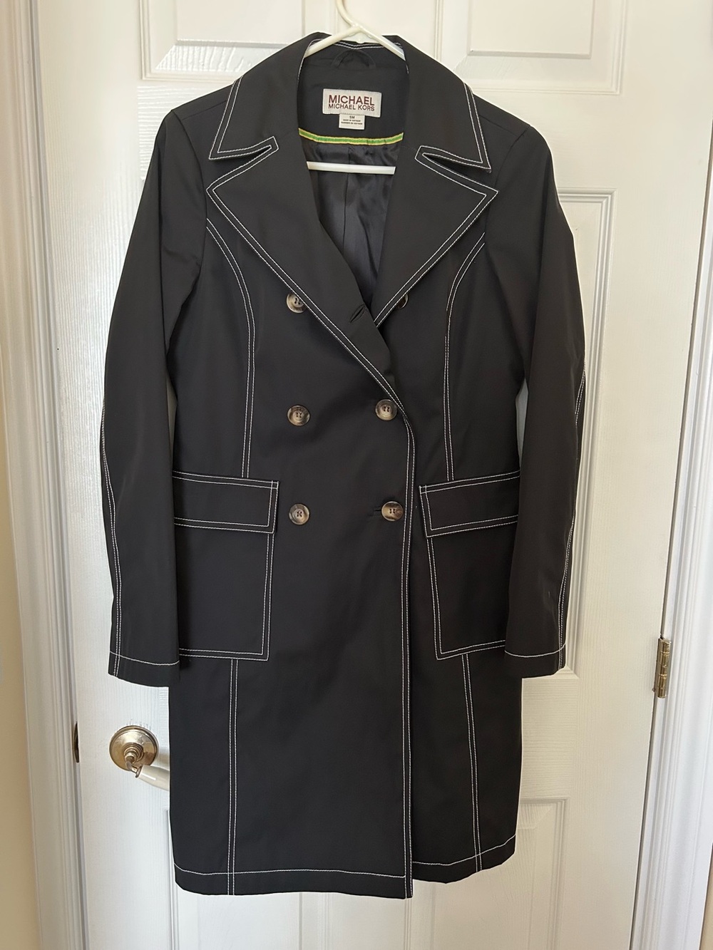 Michael Kors Black Double-Breasted Trench with Contrast Topstitch